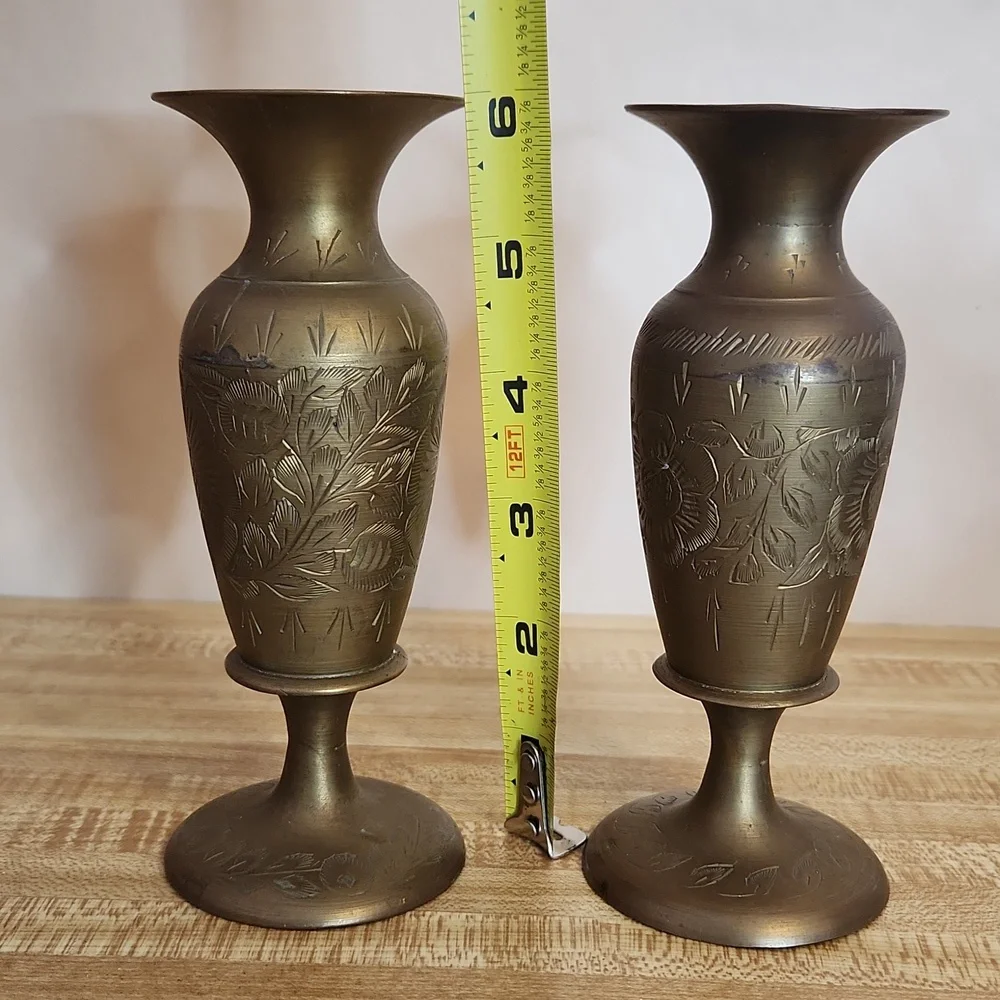 Pair (2) Vintage Etched Floral Pattern Brass Vase 6inches
